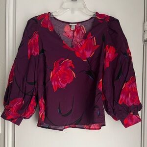 Floral V-Neck Blouse - Purple and Red